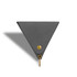 A triangular grey coin holder with a brass button and keyring attachment. It has a sleek, minimalist design.