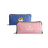 A blue and pink zippered pouch with logos, featuring a smooth fabric finish.