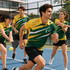 A group of four people wearing green and yellow 100% polyester sublimated sports polo shirts on a tennis court.