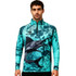 A men's 1/4 zip fishing pullover in turquoise and blue with a fish graphic and a logo.