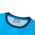 A light blue 100% polyester sublimated tee shirt featuring a navy collar and a tag indicating size L.