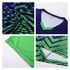 A unisex T-shirt featuring a polyester material with navy and green geometric patterns and a V-neck collar design.