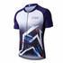 A cycling jersey featuring a stand collar and raglan short sleeves in navy and white with abstract designs and a logo.