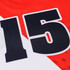 A red and white football jersey featuring a large black number 15 and a logo. Made from 100% polyester.