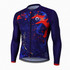Men's long sleeve cycling jersey in purple with red and blue graphic patterns, featuring a front zip and a logo.