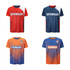 Four reversible jerseys in red, blue, and orange featuring a logo. Each shirt has distinct patterns and designs.