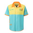 A vibrant men's button-up shirt in yellow, turquoise, and orange, featuring short sleeves and a logo.