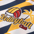 A vibrant Hawaiian shirt featuring yellow and navy stripes, with a volleyball graphic and palm tree design.
