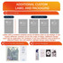 A visual guide displaying custom labels, eco-friendly packaging, and hangtags for product branding and sizes.