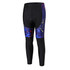 Men's sublimated cycling tights in black with blue and multi-coloured splatter details, featuring a logo.