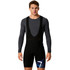 Men's sublimated cycling bib shorts in black with a blue graphic design, featuring a branding logo on the fabric.