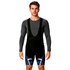Men's sublimated cycling bib shorts featuring a black upper and blue patterned lower section, with a logo present.