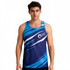 A man wearing a blue and navy sublimated sports singlet with a logo on the front.