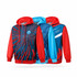A vibrant men's polyester track jacket in red and blue, featuring a patterned design and a logo.