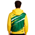 A men's polyester sublimated training track jacket in yellow and green with a graphic design and a hood.