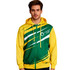 A men's track jacket in yellow and green with a logo, featuring a zip front and hood.