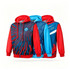 A red and blue men's polyester sublimated training track jacket with a dynamic design and a logo.