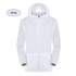 A white unisex adult jacket made of 100% polyester, featuring a hood and sun protection. It has a logo.