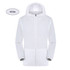 A white unisex jacket made from 100% polyester, featuring a hood and sun protection, with a logo present.