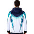 A hooded jacket made of 100% polyester, featuring a blue and white design with a logo on the back.
