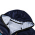 A navy hooded jacket made of 100% polyester, featuring a lined interior and a logo on the front.