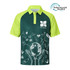 A green and bright lime unisex polo shirt with a logo and eco-themed graphics.