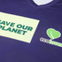 A purple V-collar tee shirt with a logo and green text promoting environmental awareness.