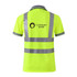 A bright yellow unisex polo shirt with reflective strips and a logo on the back. Ideal for high-visibility workwear.