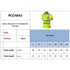 A bright yellow unisex hi-vis reflective short-sleeve polo shirt with a logo and available size chart.