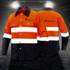 A unisex long-sleeved shirt in orange and black, featuring reflective stripes and a logo.