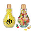 A drink bottle shaped like a bulb, featuring colourful jelly beans inside, with a gold screw top and a logo.