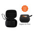 A black travel adapter inside a zippered case, featuring a logo on the exterior and a mesh pocket on the inside.