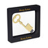A square floating box displaying a gold key inside, framed in a black casing with a logo.