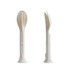 A white 3-in-1 portable utensil set featuring a fork, knife, and spoon in a compact design. It includes a logo.
