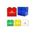 A collection of square block coin banks in red, blue, green, yellow, and clear colours, featuring a logo on each.