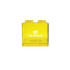 A yellow square block coin bank with a logo on the front, designed for saving money.