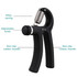 A black adjustable hand grip with a non-slip rubber handle and alloy spring, featuring an adjustable knob.