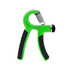 A green and black adjustable hand grip with rubberised handles and a metal spring. It features a dial for resistance adjustment. 