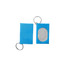 A blue pet training clicker with a metal key ring, featuring a rectangular shape and a clear, oval button.