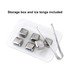 A storage box containing six stainless steel ice cubes and metal tongs. The cubes are shiny and square-shaped.