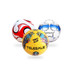 Three soccer balls in various designs: one red and white, one blue and silver, and one yellow with colourful patterns.