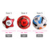 Three soccer balls in varying sizes: red and white for Size 3, red for Size 4, and multi-coloured for Size 5. All feature logos.