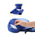 An inflatable floating chair in blue, featuring armrests and back support, with a hand adjusting the valve.