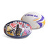 Two Australian Rules footballs, one featuring a vibrant graphic design with multiple colours, and the other in white with purple and yellow accents.