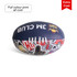 A training ball with full-colour print, featuring a mix of blue, red, and other vibrant designs. Includes a logo.