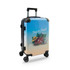 A wheeled suitcase in blue and black, featuring a travel-themed design with various travel elements and a logo.