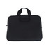 A black laptop bag featuring a handle and a zip closure, with a small front pocket and a simple design.