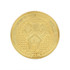 A gold coin pin featuring a textured surface and intricate design. The pin has a logo on it.