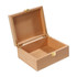 A wooden case in natural light timber with a brass clasp, featuring an open lid and a spacious interior.