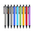 A collection of plastic click pens in various colours, including black, silver, blue, green, orange, and purple. Each pen features a clip and branding.